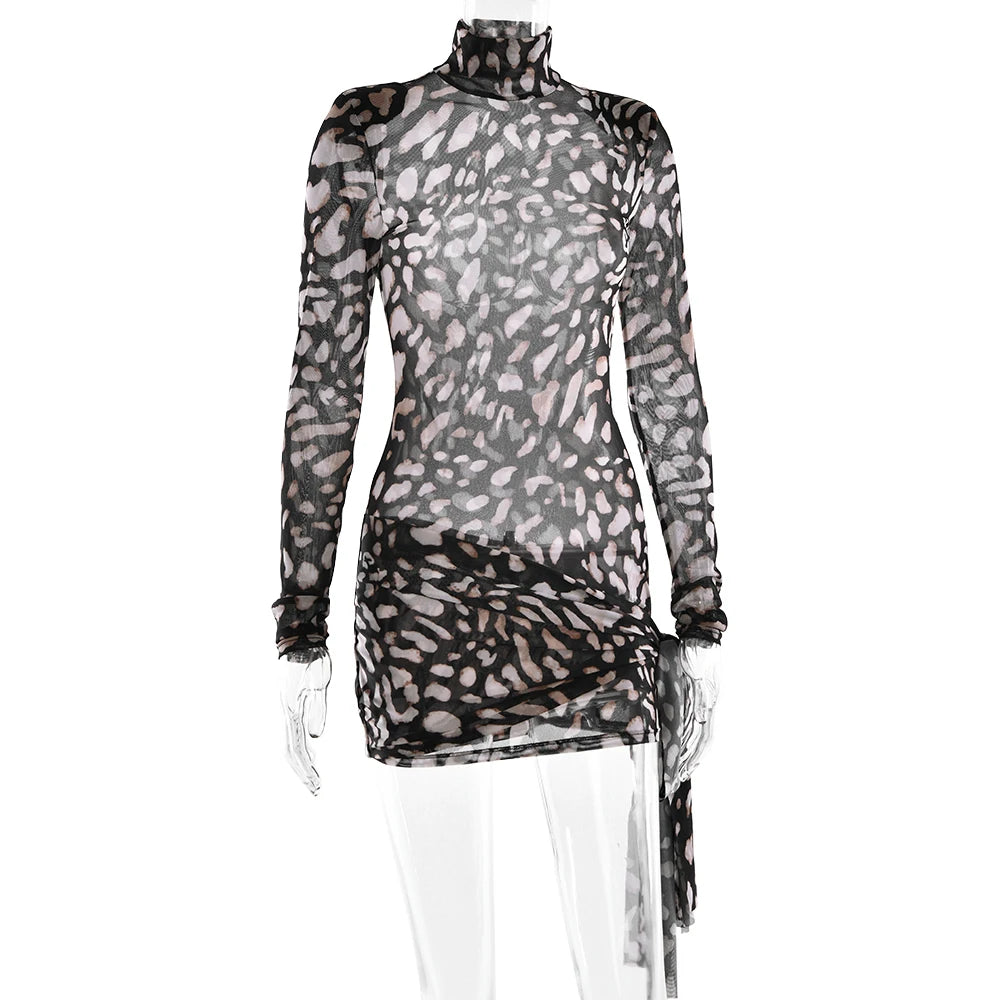 Fantoye Turtleneck Sexy Sheer Print Leopard Bandage Women Dress Long Sleeve Mini Dress Lady Spring Slim Elegant Party Club Dress - Smarsty