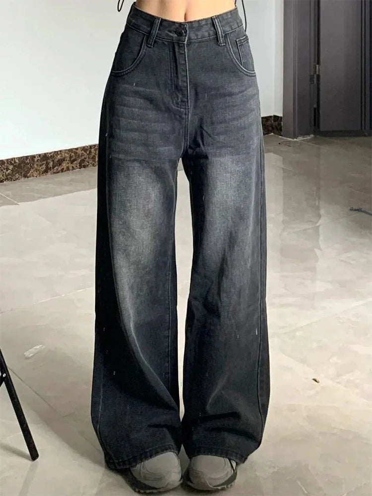 Korean Vintage High Waist Women's Jeans Y2K Slimming Pear-Shaped Loose Straight Bell Bottoms Black Gray Baggy Denim Trousers - Smarsty