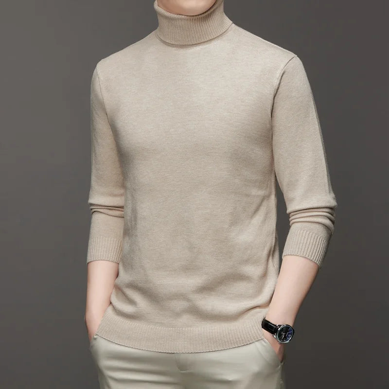 Autumn Mens High Quality Knitted Turtleneck Sweater Slim Fit Long Sleeve Anti-pilling Pullover Solid Color Trend Men Streetwea - Smarsty