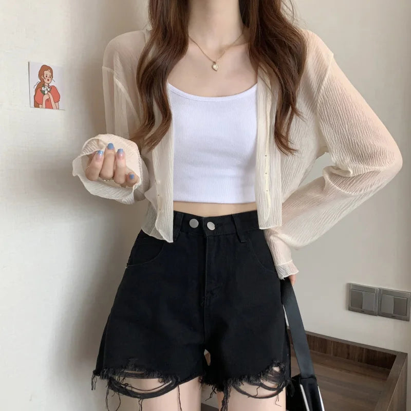 2025 Fairy Style Solid Cardigan Women Summer New Long Sleeve Sunscreen Sweet Beading V-neck Basics Loose Chiffon Cardigan - Smarsty