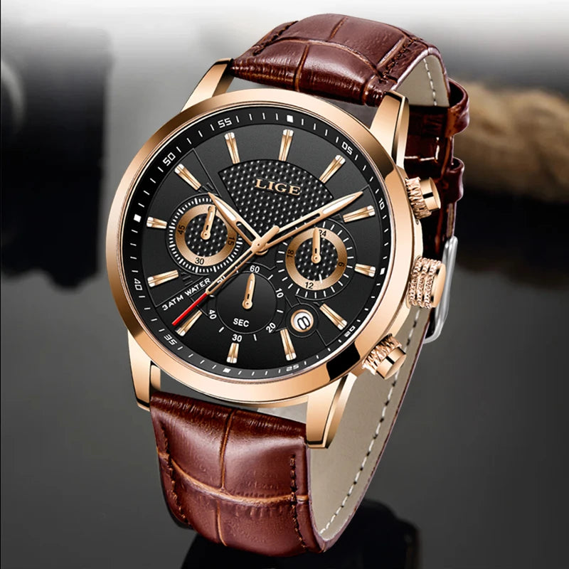 LIGE Luxury Men's Leather Sport Watch with Chronograph - Smarsty