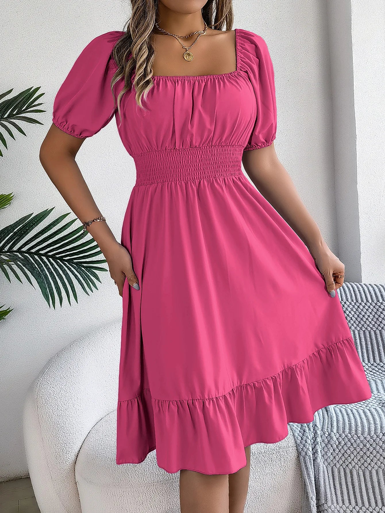 Women's MIidi Dresses 2024 Summer Casual Square Neck Short Sleeved Waist Ruffle Edge Dress Dress Women Elegant Платья Женские - Smarsty