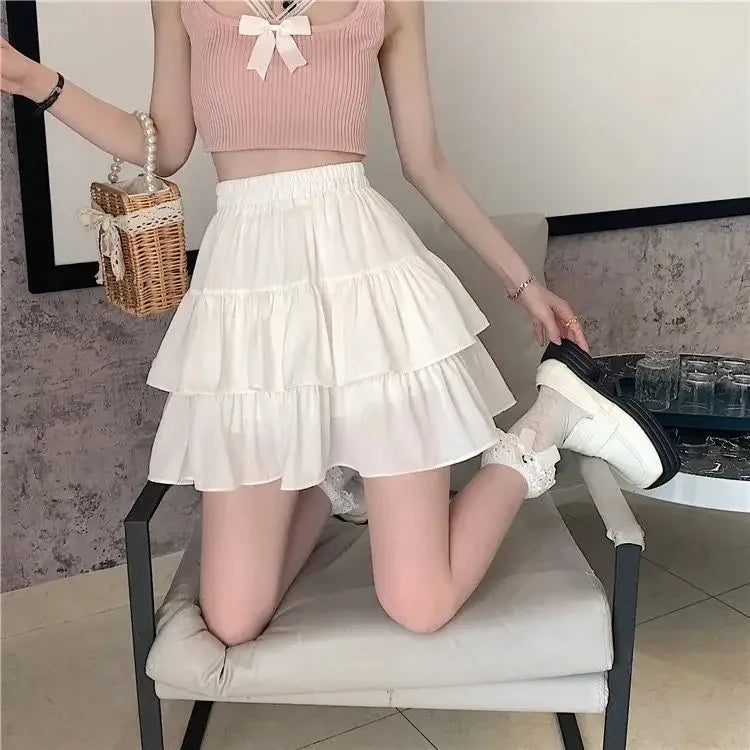 Pleated A-line Skirt White Women Ruffles Sweet Hottie Preppy Style Elastic Elastic Waist Slim Thin SimpleCasual Summer Wholesale - Smarsty