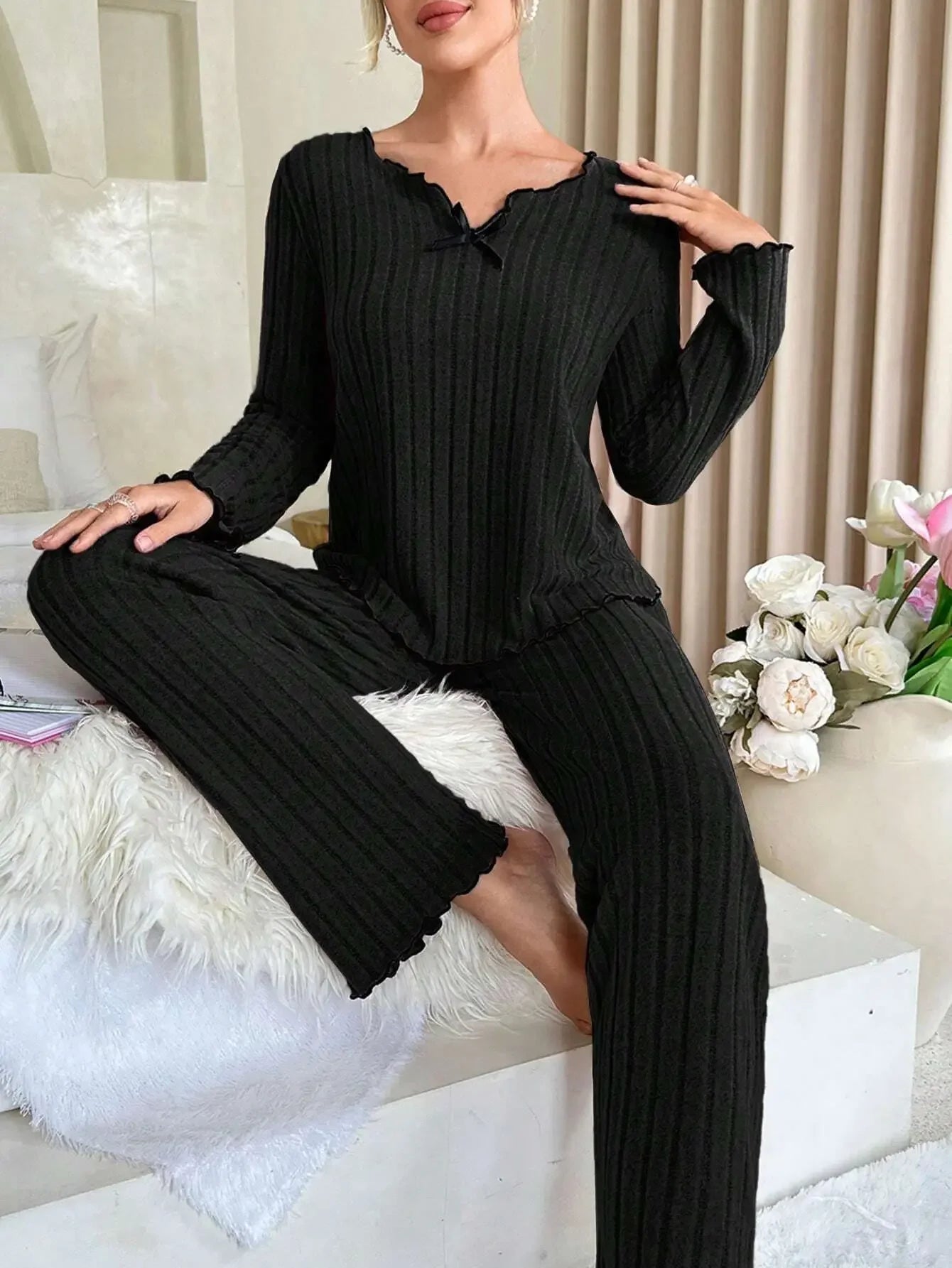 Women Autumn Winter Sleepwear Ribbed Pajamas Set Long Sleeve Top and Long Pants 2 Piece Set Casual Homewear Loungewear - Smarsty