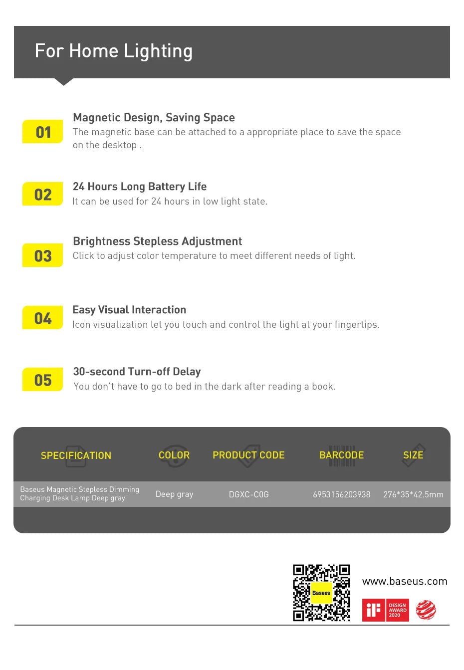 Baseus Rechargeable Magnetic LED Night Light with Dimming - Smarsty