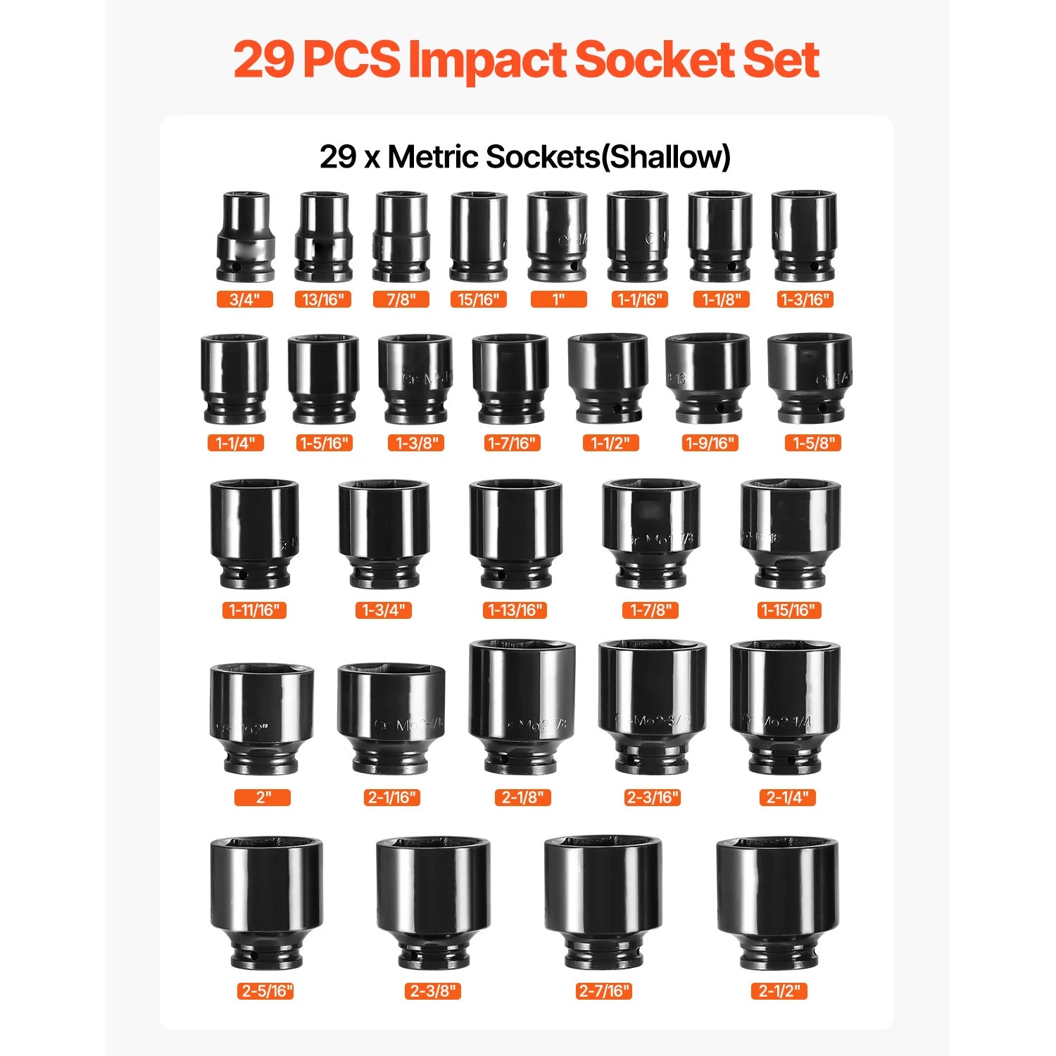 SucceBuy Impact Socket Set 3/4 Inches 29 Piece Impact Sockets 6-Point Sockets Rugged Construction CR-M0 3/4In Drive Socket Set