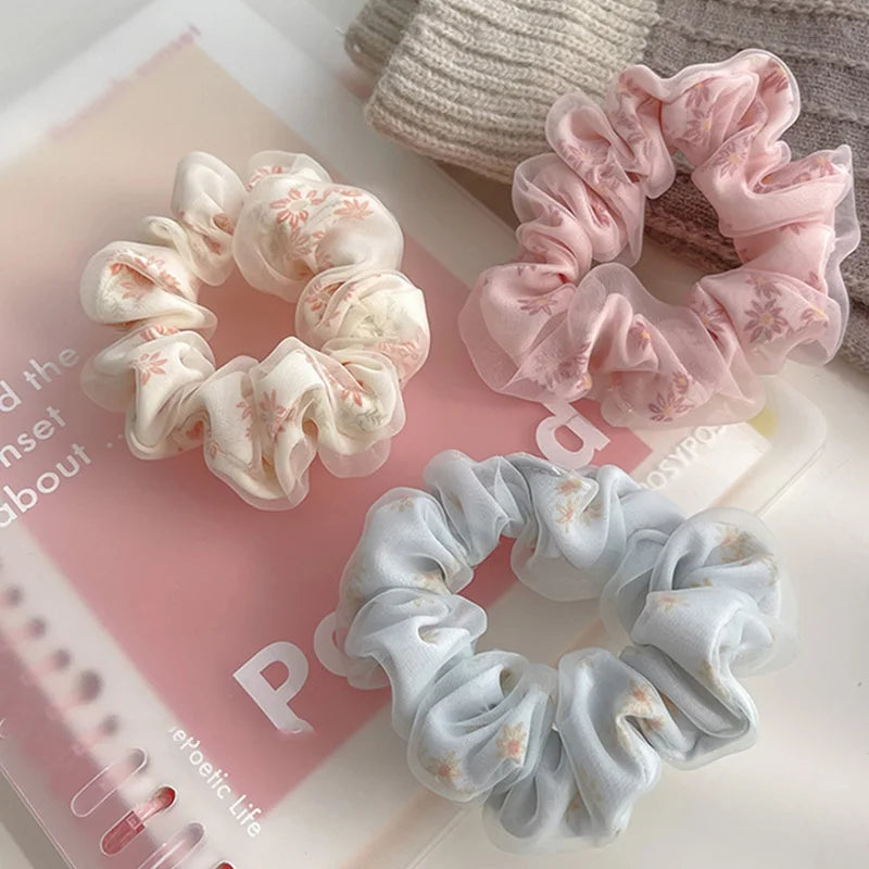 Double Layer Silk Hair Scrunchies Floral Soft Ponytail - Smarsty