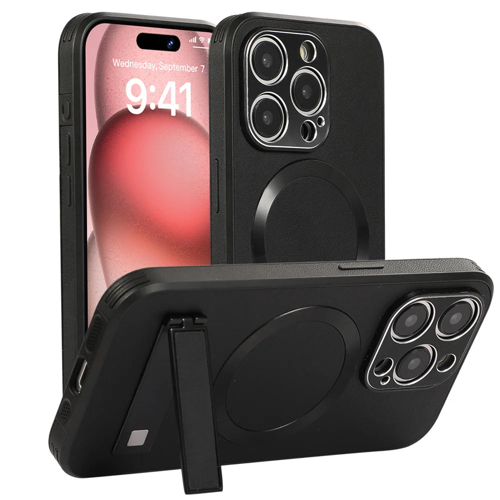 Luxury Magnetic Leather Stand Phone Case For iPhone 17 16 15 14 11 12 13 Pro Max Wireless Charging For Magsafe Shockproof Cover