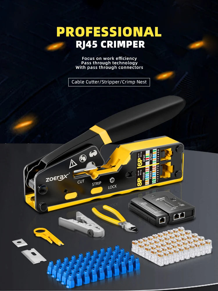 ZoeRax 8 in 1 RJ45 Cat6 Cat5e Crimp Tool Kit RJ45 Crimping tool,Cable Tester,Wire Cutter,Blades,50Pcs Cat6 Connectors and Boots