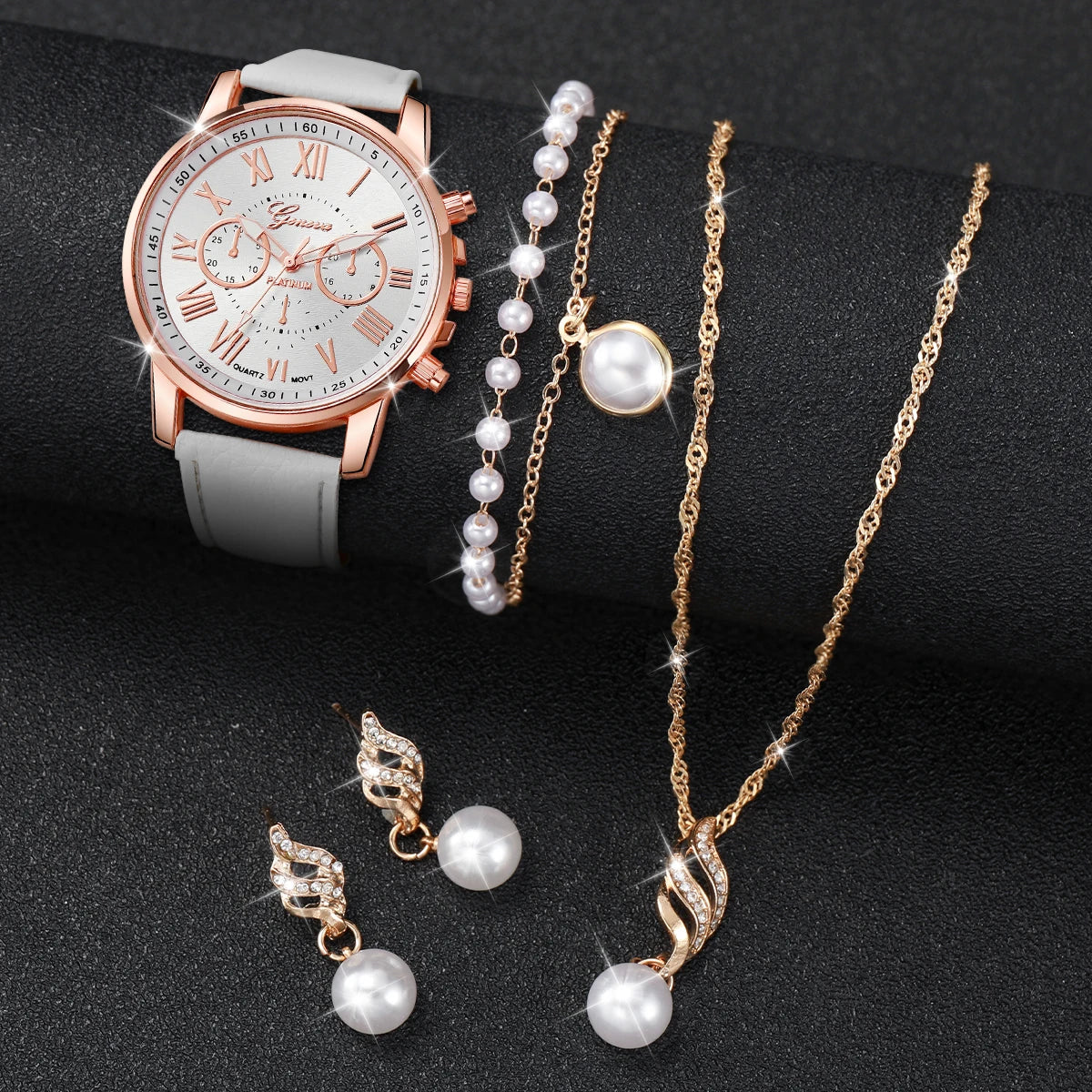 Women's Fashion Quartz Watch Set with Pearls and Leather Band - Smarsty