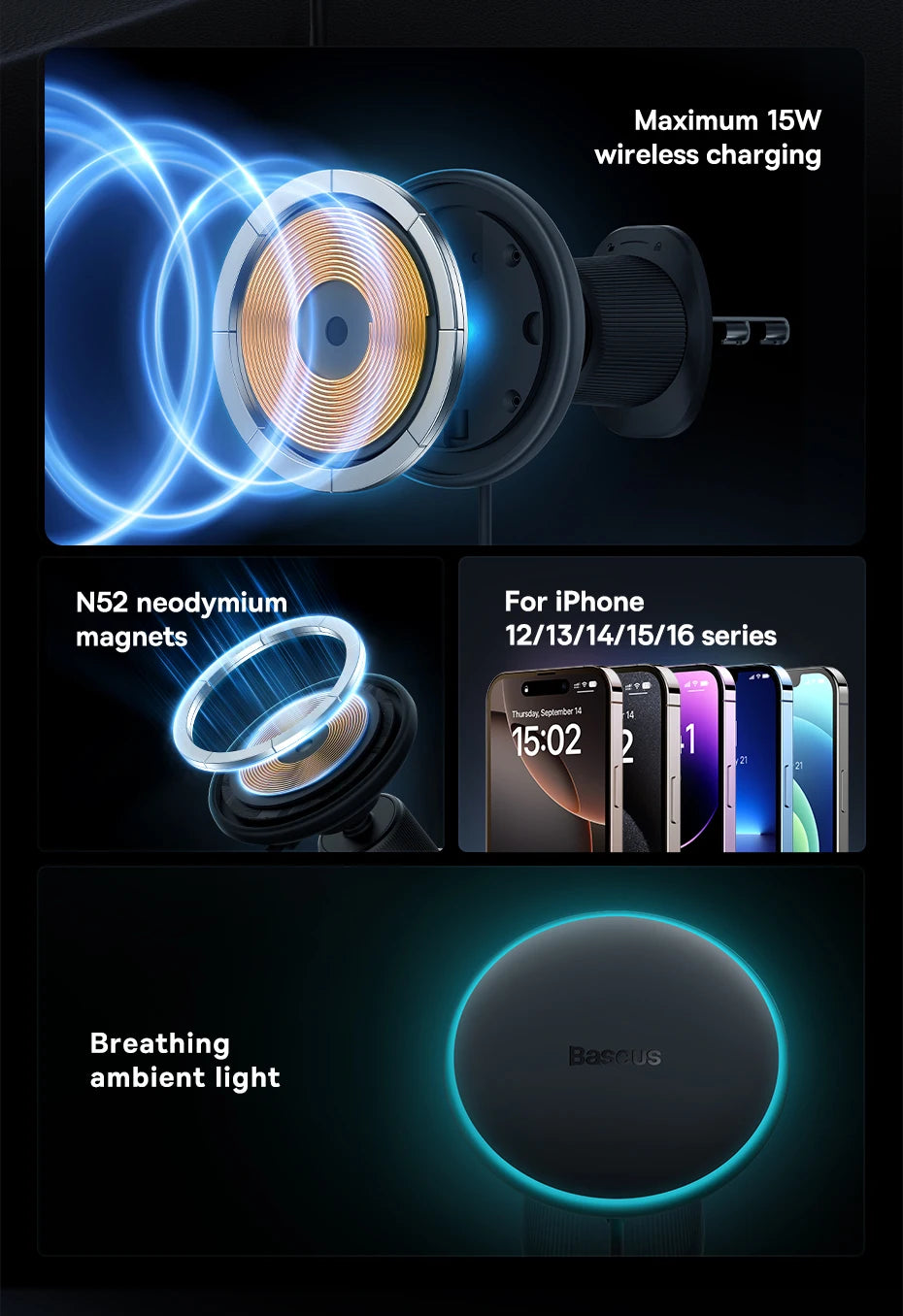 Magnetic Wireless Car Charger Holder 15W Fast Charging - Smarsty