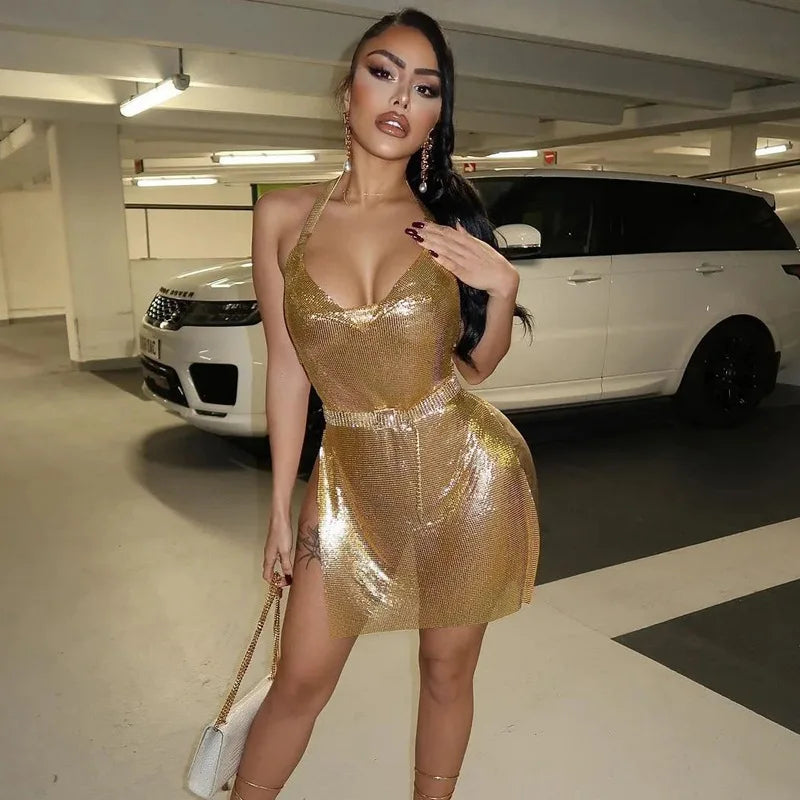 Sexy and Fashionable Women's Elegant Short Dress with Hanging Neck Backless Bottom Chest Sequin Party Girl Dance Dress - Smarsty