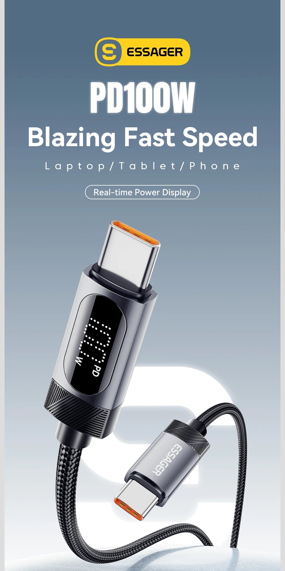 Essager Digital Dispaly USB C Cable For iPhone 17 16 15 Xiaomi Huawei 100W PD Fast Charging For Macbook iPad Type C to C Cable - Smarsty