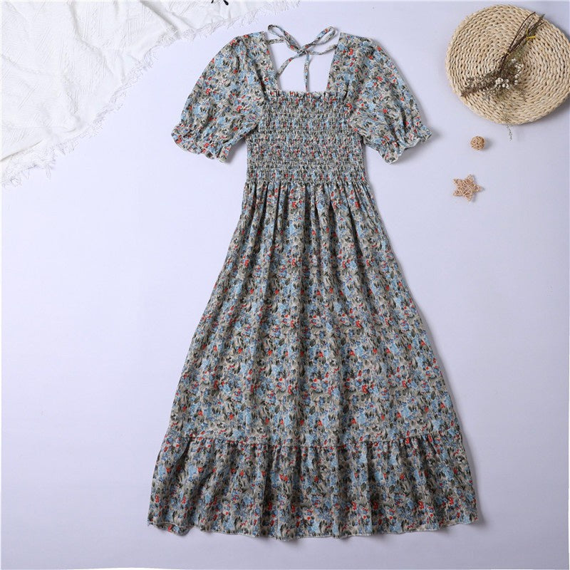 Summer Pleated Women Chiffon Dresses Casual Beach Holiday Short Sleeve Square Collar Woman Midi Dress Bohemian Mujer Vestidos - Smarsty