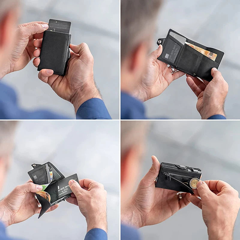 Pop-Up Credit Card Case with RFID Protection Genuine Leather Wallet with Compartment for Notes and Coins for Men and Women