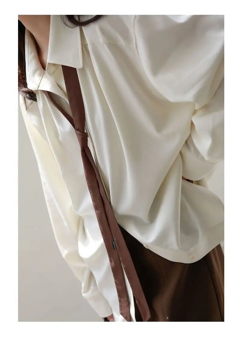 2025 Summer Minimalist Long Sleeve Button Up Shirt Women Korean Style Solid Tie Oversize Shirts Blouse Loose Clothes Autumn Tops - Smarsty