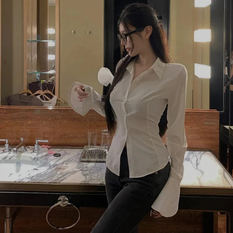 Gidyq Fashion Women Bandage Shirts Korean All Match Streetwear Female Slim Blouse Spring Casual White Bell Sleeve Shirt New - Smarsty