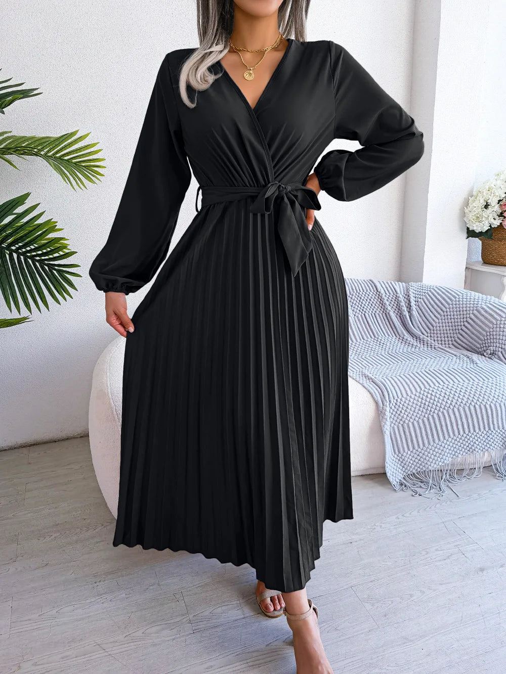 Women Elegant V Neck Long Sleeve Pleated Maxi Dress - Smarsty