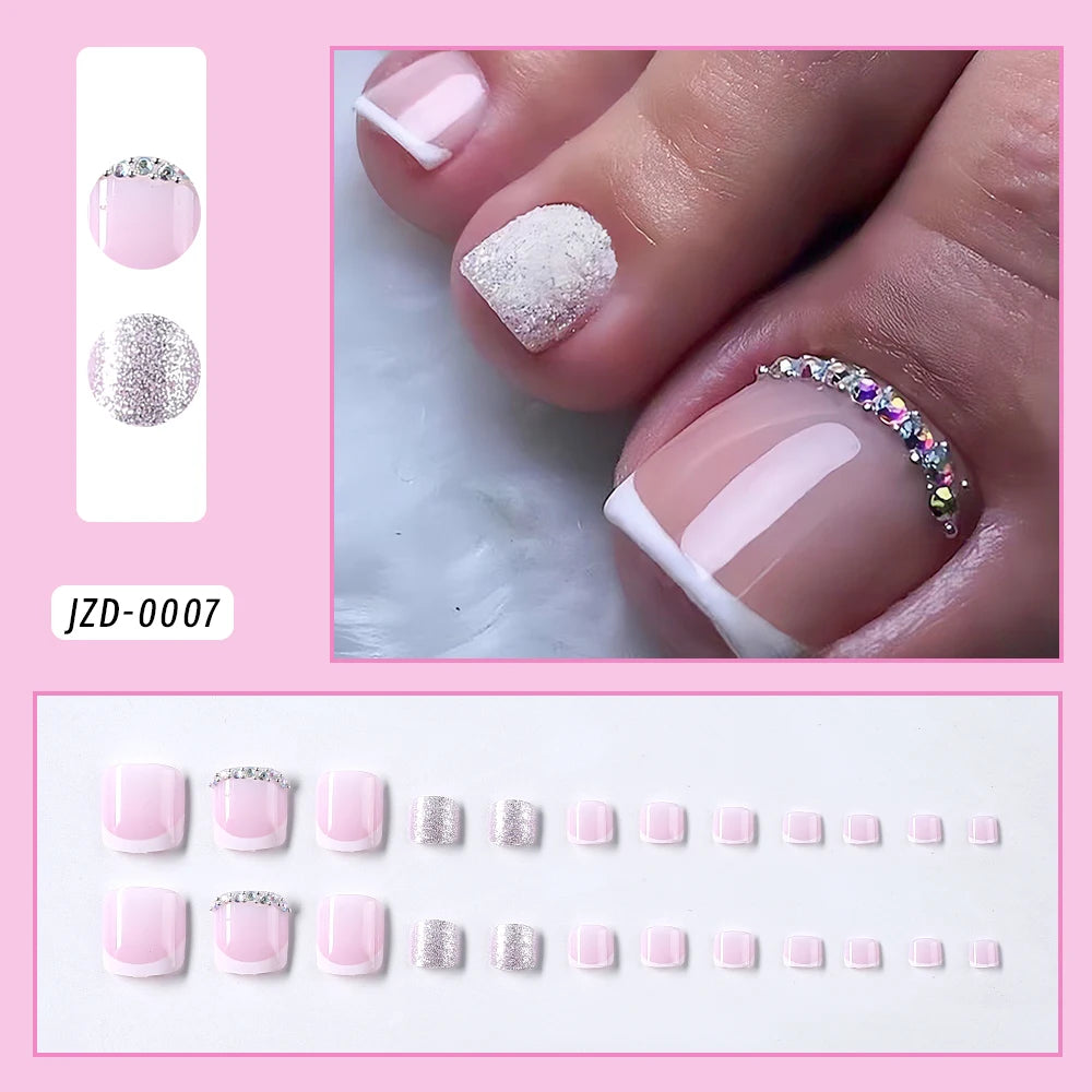 French Flower Fake Toenails Short Square Press On Tips - Smarsty