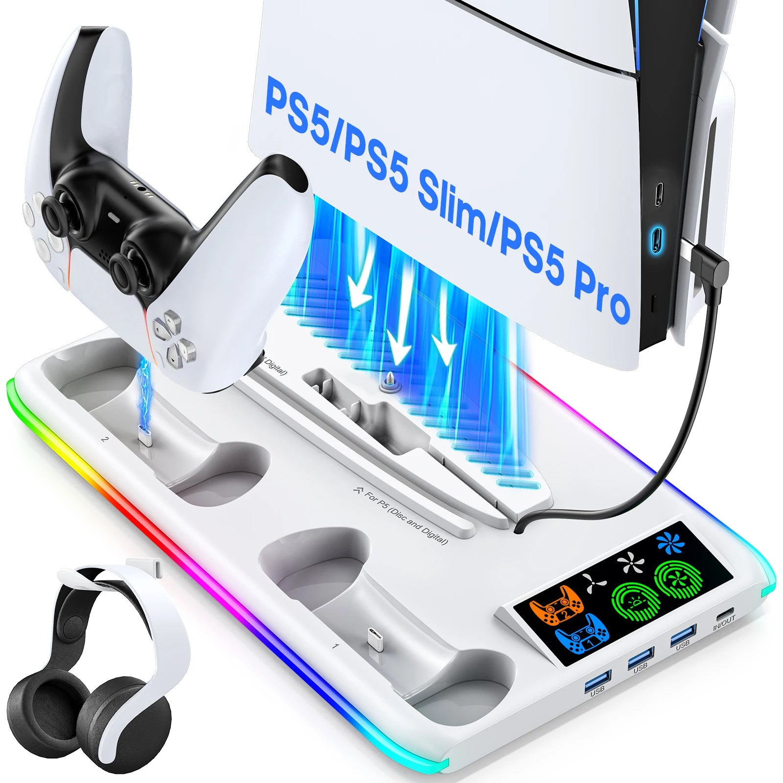 for PS5/PS5 Slim/PS5 Pro Stand with Headphone Hook Cooling Stand & Controller Charging Station for PS5 With 3 Levels Cooling Fan