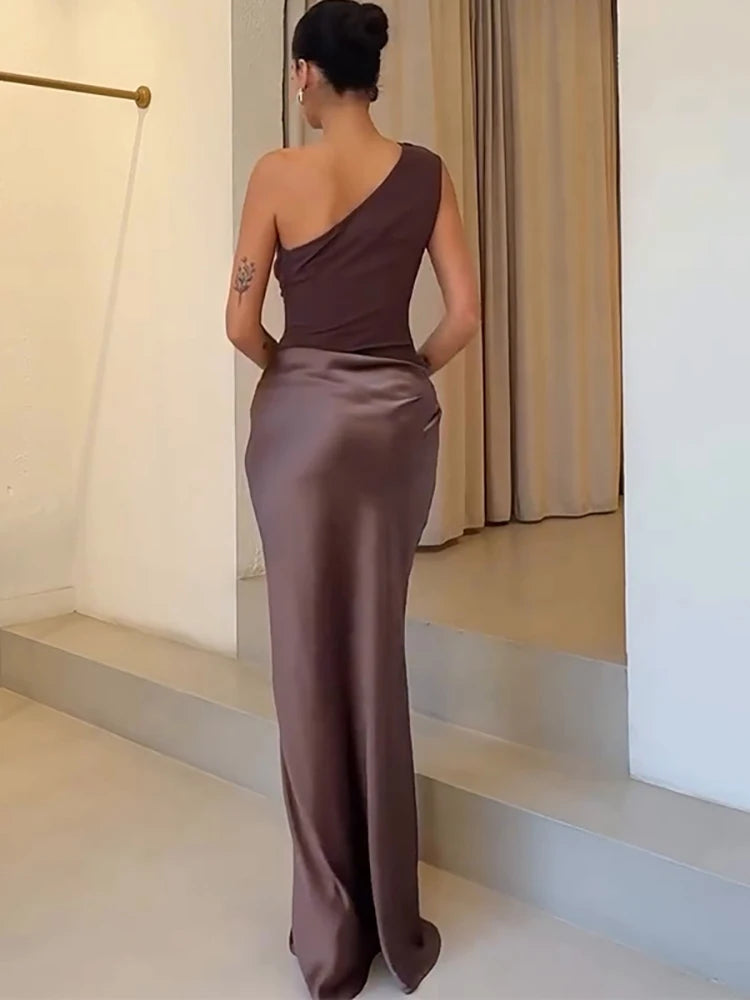 JULISSA MO Patchwork Satin Sexy One Shoulder Women Maxi Dress Brown Sleeveless Evening Dress Summer Slim Elegant Party Clubwear - Smarsty