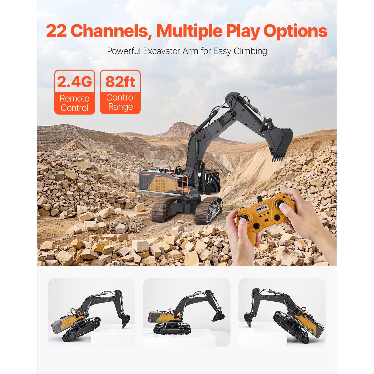 SucceBuy 1:14 RC Excavator Toy 22 Channel Remote Control Digger with Shovel Construction Vehicles for Kids Birthday Gifts