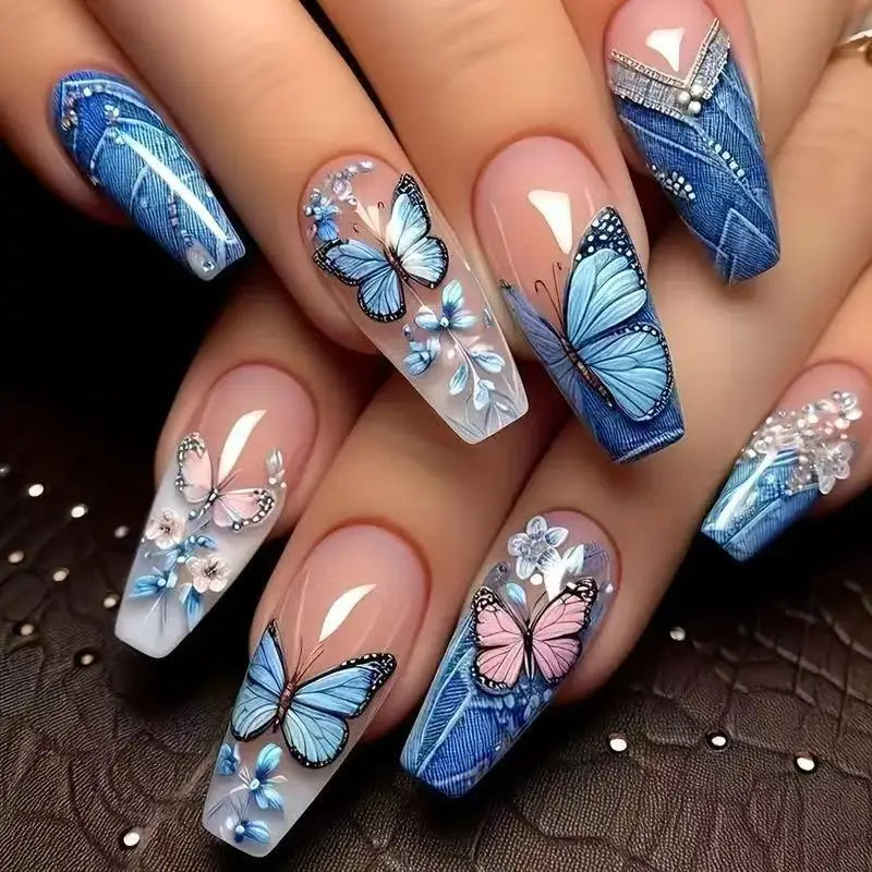 24 Piece Set Medium Long Press On Nails with Floral Design - Smarsty