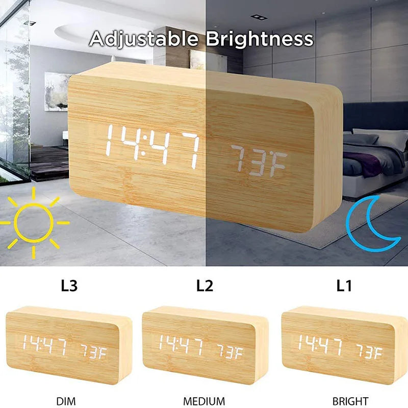 Wooden Digital Alarm Clock with Temperature Display - Smarsty