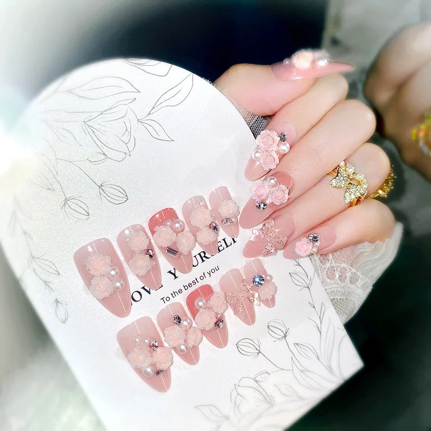 24pcs Pink Crystal Bow Press On Nails for Girls - Smarsty