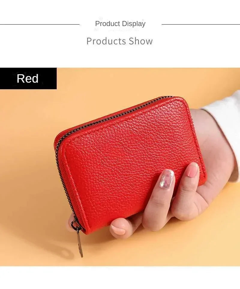 Multi Slot Card Holder Vintage Small Wallet Women Men Business Bank Credit Card Bag Male Coin Pouch Solid Leather Zipper Wallet - Smarsty