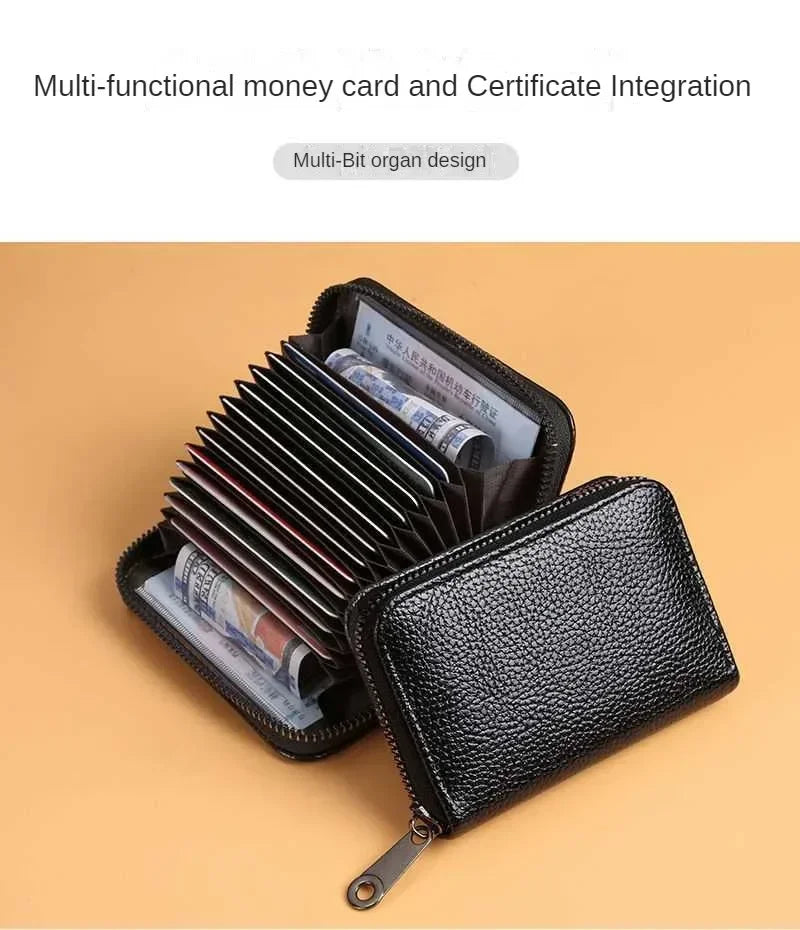 Multi Slot Card Holder Vintage Small Wallet Women Men Business Bank Credit Card Bag Male Coin Pouch Solid Leather Zipper Wallet - Smarsty