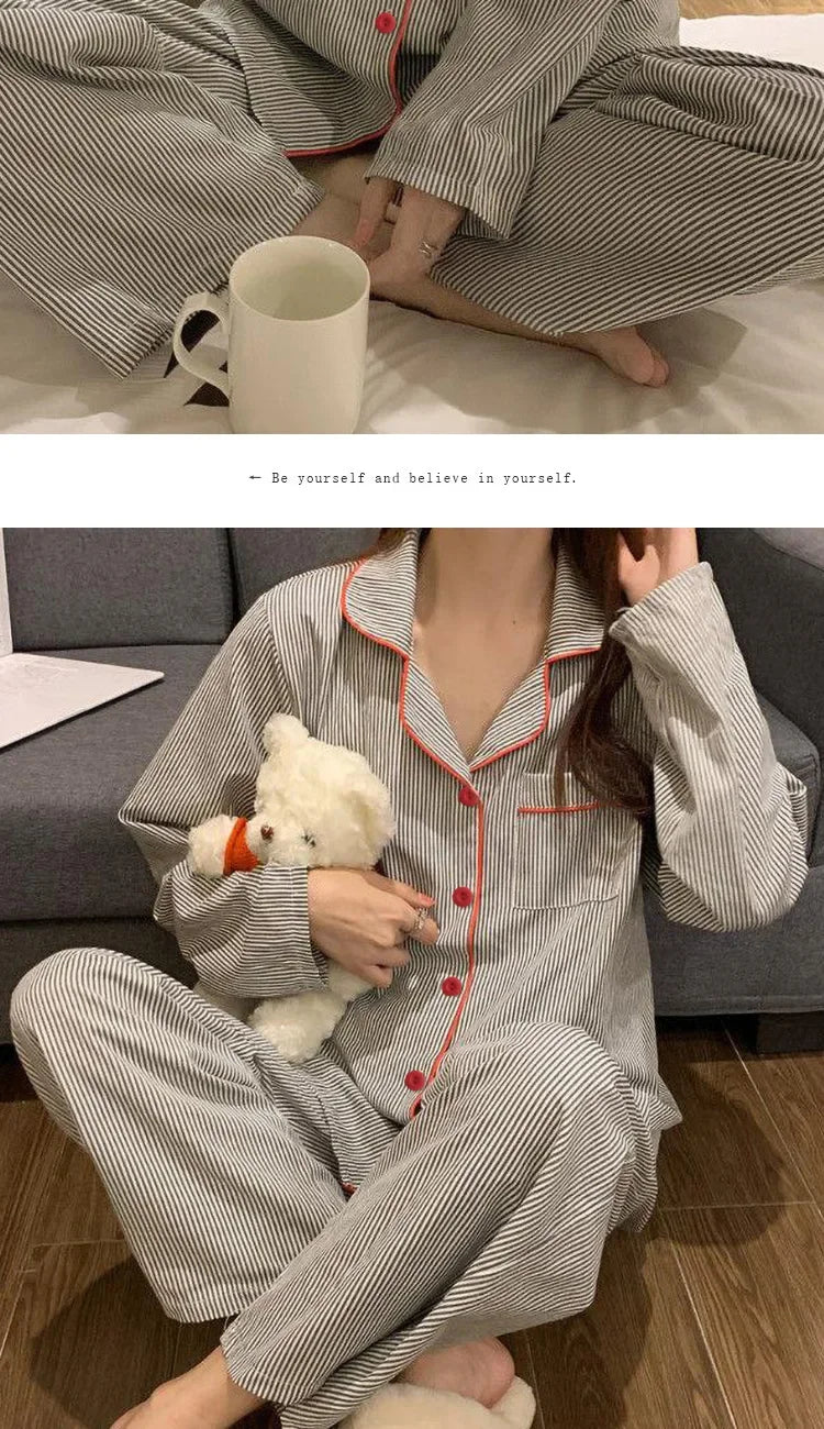 2PCS/Set Women's Long Sleeve Loose Breathable Student Sleepwear Loungewear Cardigan Gray Striped Girl Fashion Pajamas Homewear - Smarsty