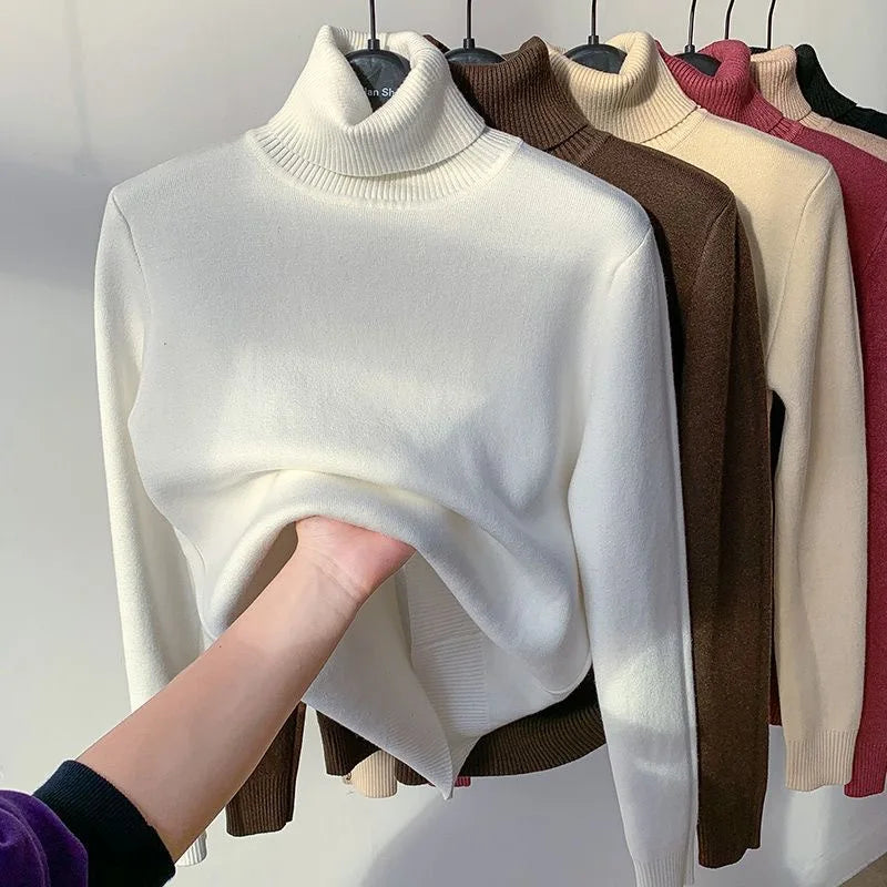 Turtleneck Winter Sweater Women Elegant Thicken Velvet Lined Warm Sueter Knitted Pullover Slim Tops Jersey Knitwear Jumper New - Smarsty