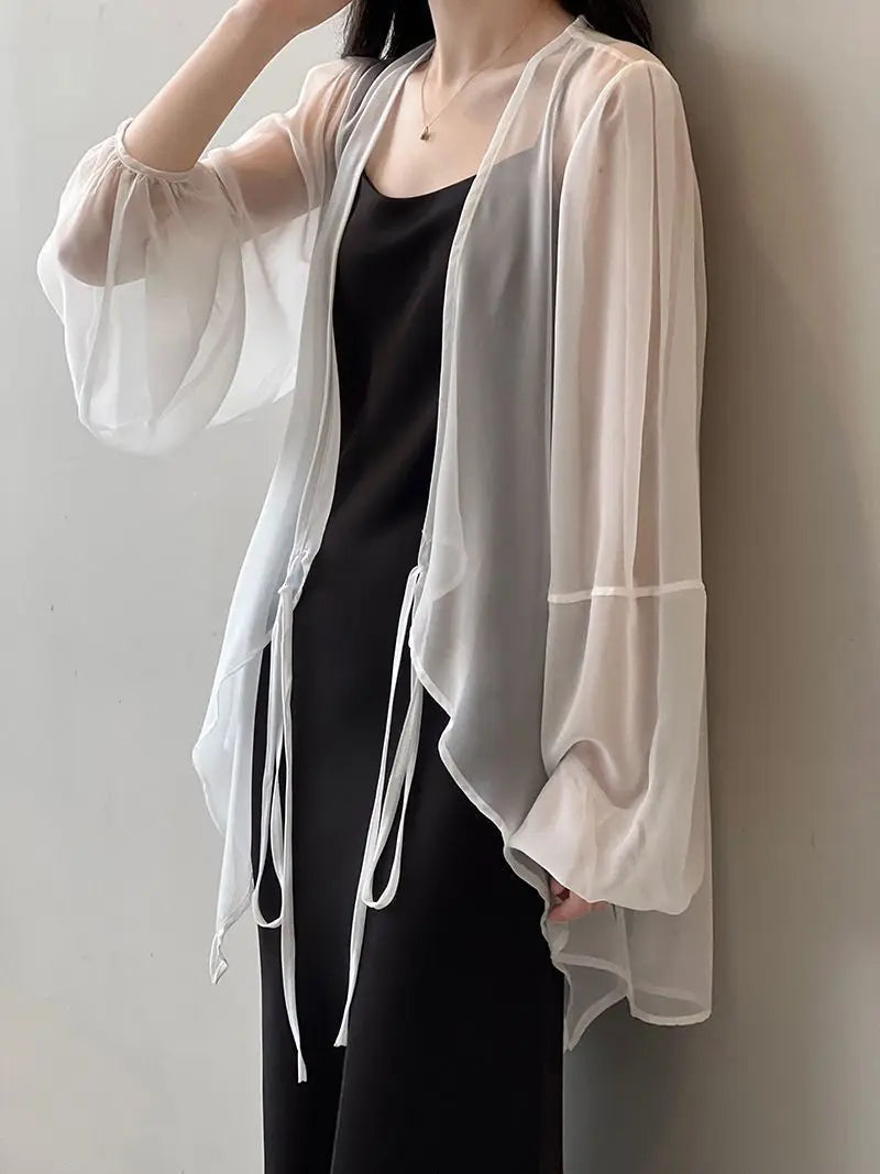 Shirts Women V-neck Loose Long Sleeve Open Stitch Korean Style Lace-up Simple Solid Summer Chiffon Breathable Minimalist Stylish - Smarsty