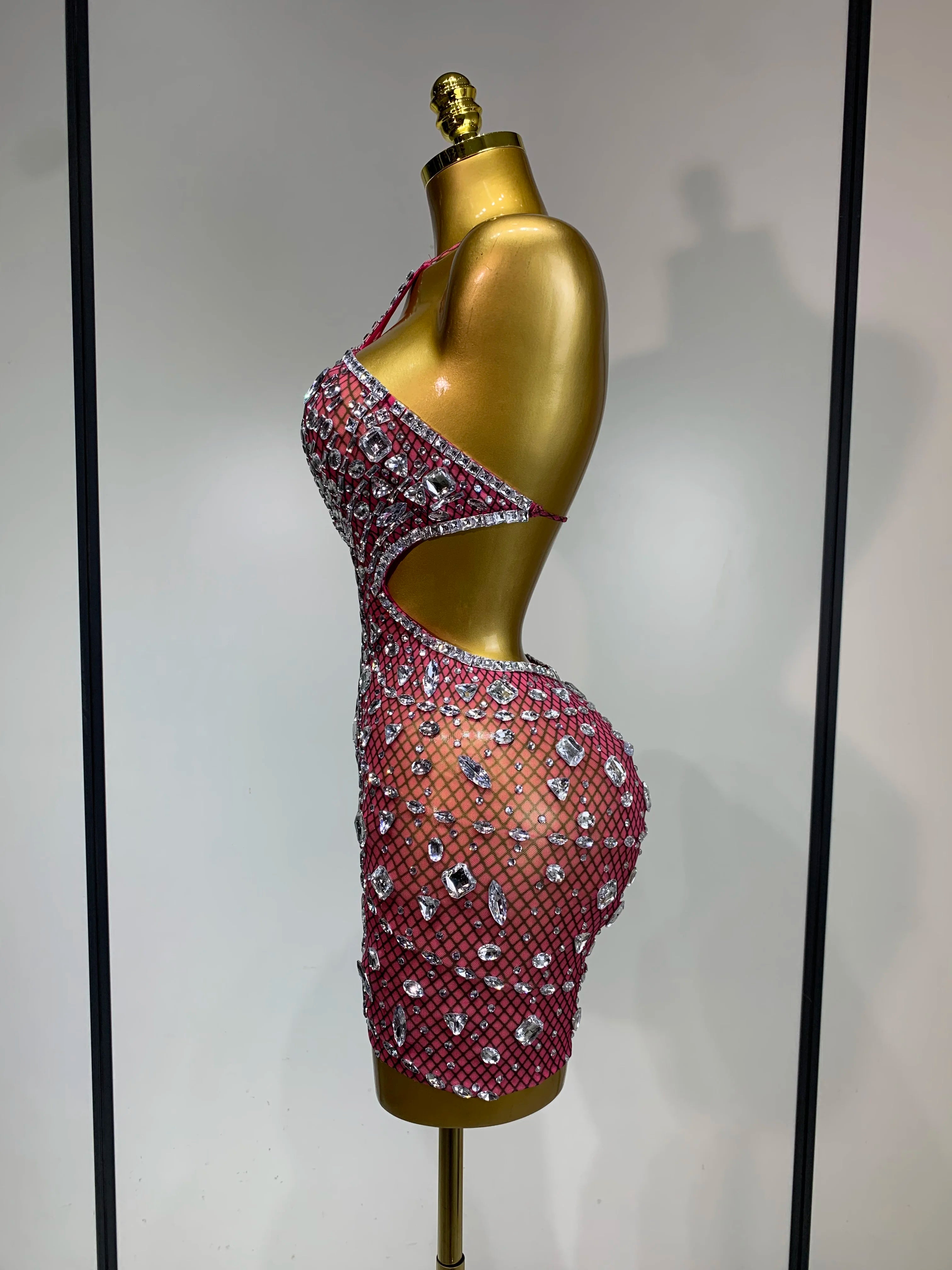 Sexy Sparkly Diamond Backless Short Dress 2025 Women Sleeveless Mesh See Through Evening Birthday Gown Singer Stage Outfit - Smarsty