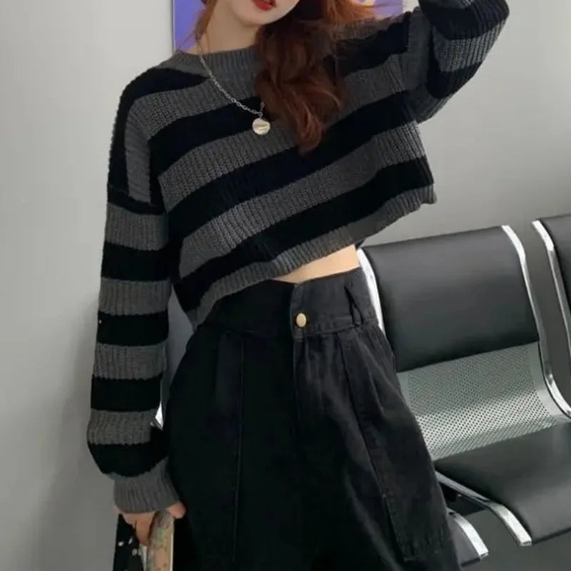 Korean Style Striped Cropped Sweater Women Vintage Oversize Knit Jumper Female Autumn Long Sleeve O-neck Pullovers Tops - Smarsty