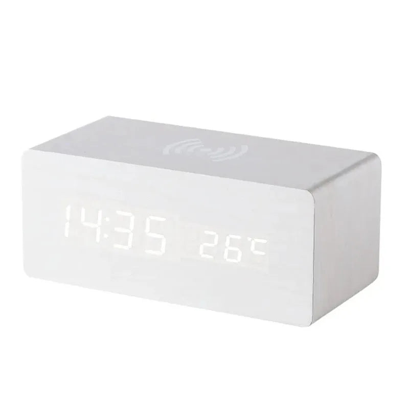 Wooden Digital Alarm Clock with Wireless Charging Feature - Smarsty