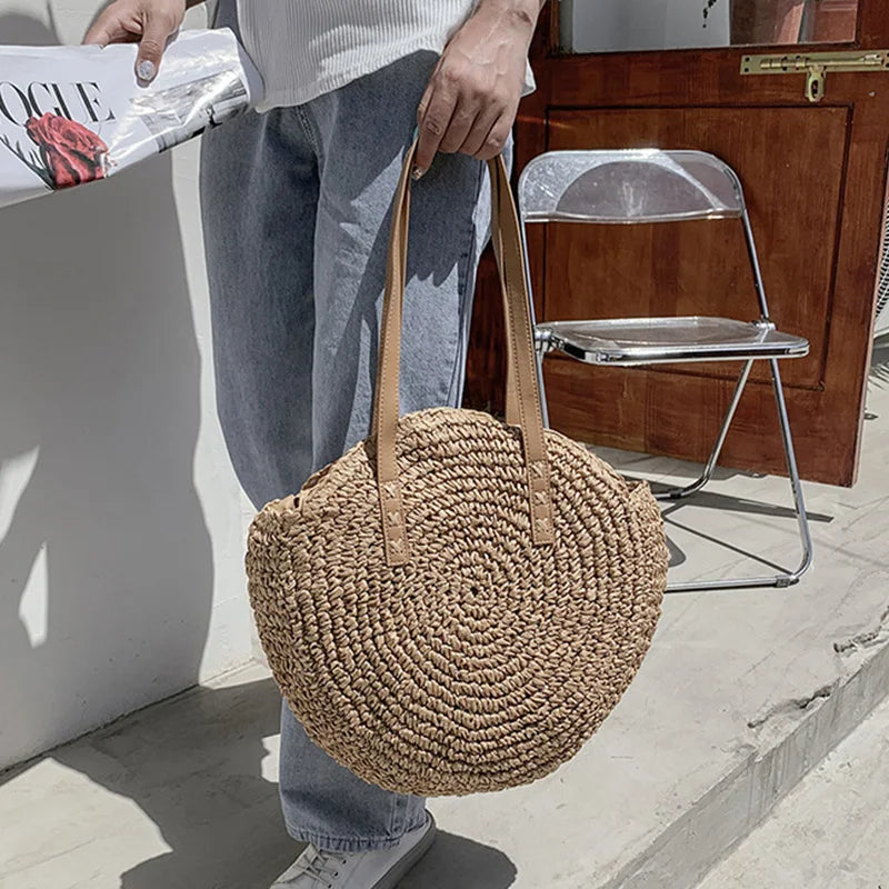 Round Straw Beach Tote for Women Large Capacity Bag - Smarsty