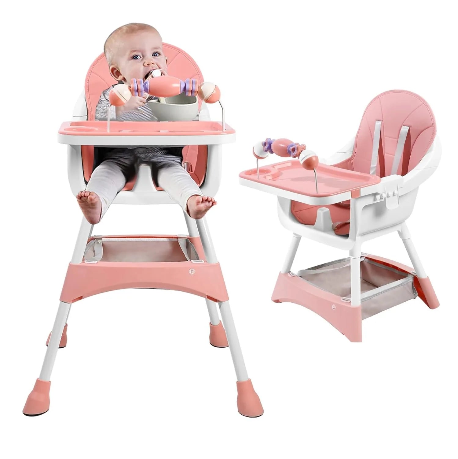 Convertible Foldable High Chair – Easy to Clean, Padded Seat with Footrest, Tray & Cup Holder (6 Months-3 Years, 15kg Max)