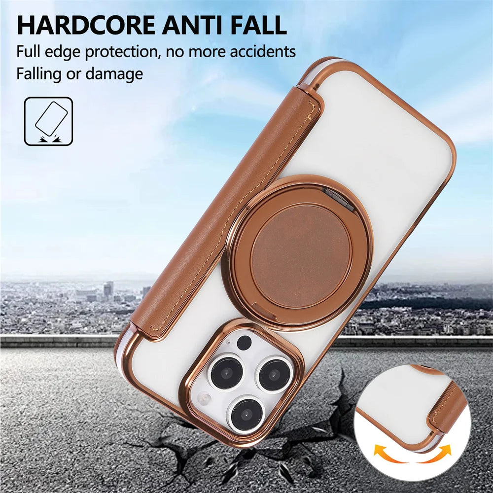 Flip Leather Wallet Rotating Fold Stand Magnetic Phone Case For iPhone 15 16 17 Pro Max 16E 14 13 12 For Magsafe Clear Cover
