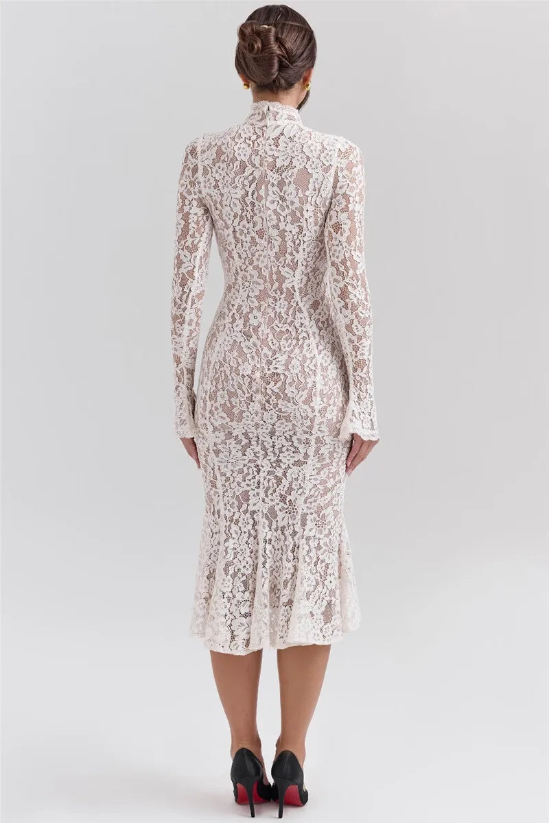 Mozision Lace Long Sleeve Sexy Midi Dress For Women Elegant White Half High Collar High Waist Bodycon Club Party Sexy Long Dress - Smarsty