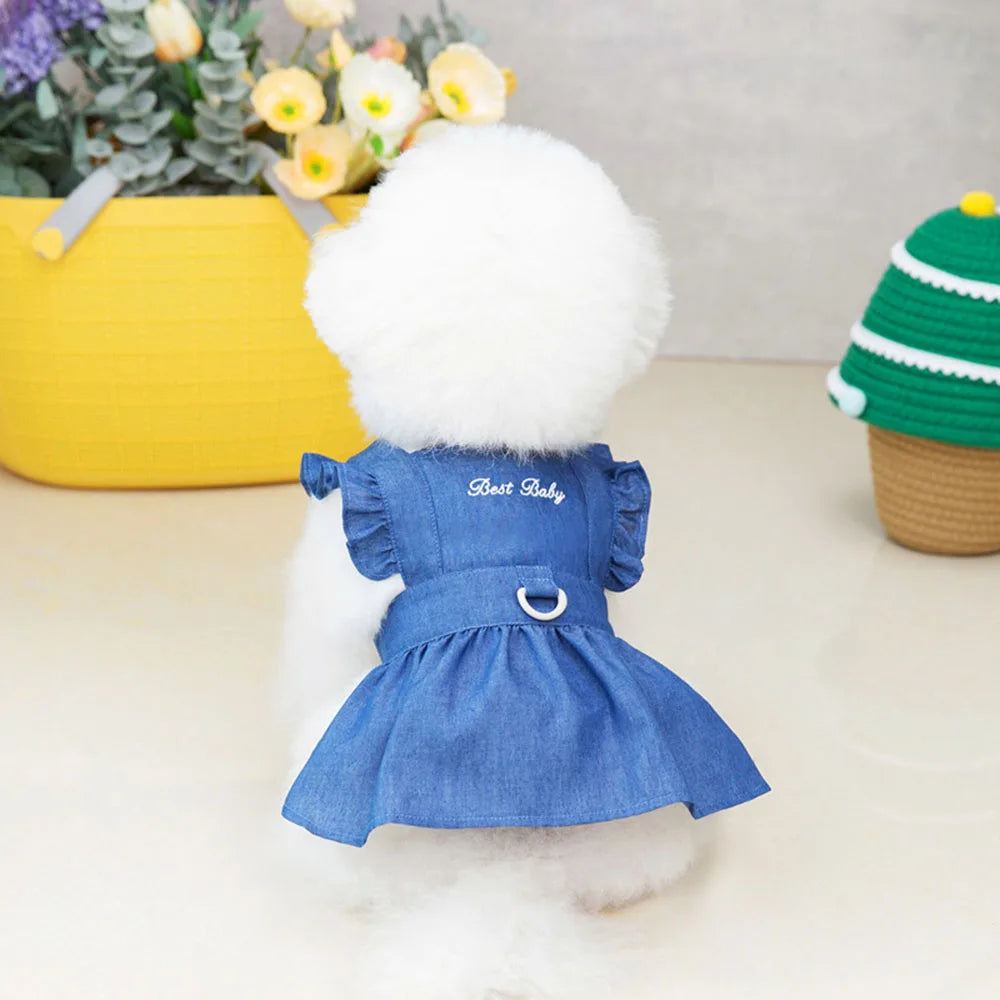 Cute Denim Dress for Small Dogs with Leash Ring - Smarsty