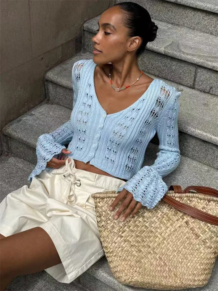 Tossy Knitwear Hollow Out Sweater Cardigan Women V-Neck Long Sleeve See-Through Cropped Top Summer Knit Patchwork Cardigan Top - Smarsty