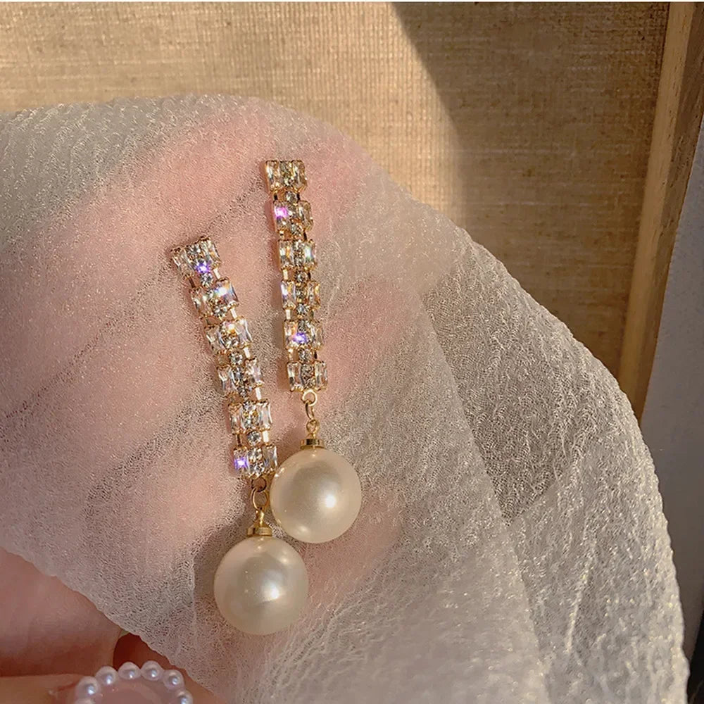 Pearl Long Earrings With Rhinestones For Wedding Fashion - Smarsty