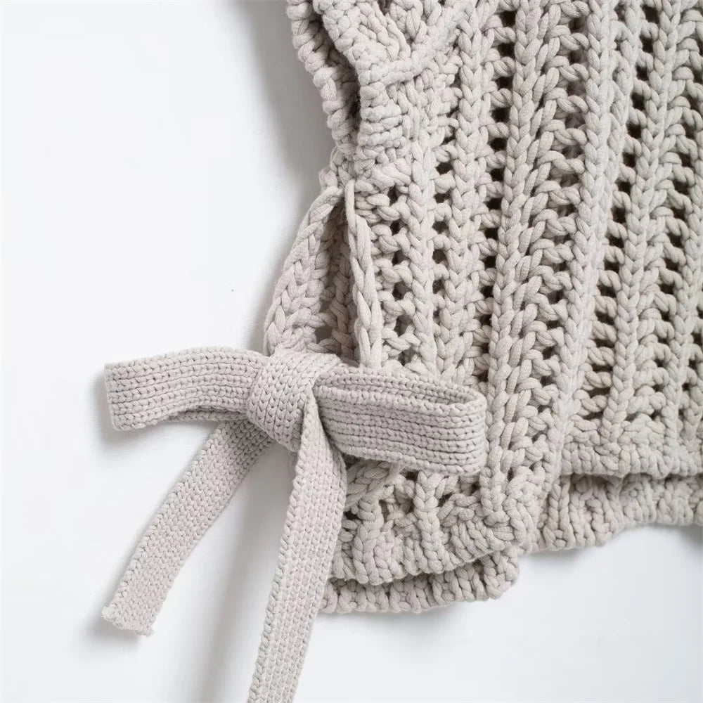 Hollow Out Knit Pullover Women Casual Round Neck Lace Up Bow Sweater Female Autumn Short Sleeves Solid Knitwears Lady - Smarsty