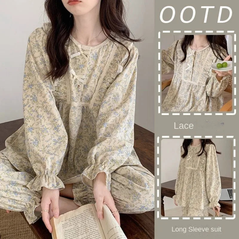 Women Plus Size Pajamas Garden Style Student Homewear Two-Piece Korean Version of the Bow Can Be Worn Outside Long-Sleeved women - Smarsty