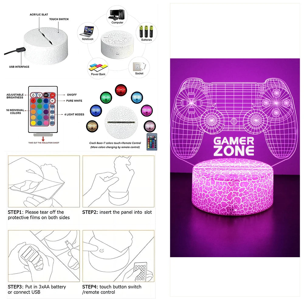 Neon Gamer 3D LED Night Light for Kids - Smarsty