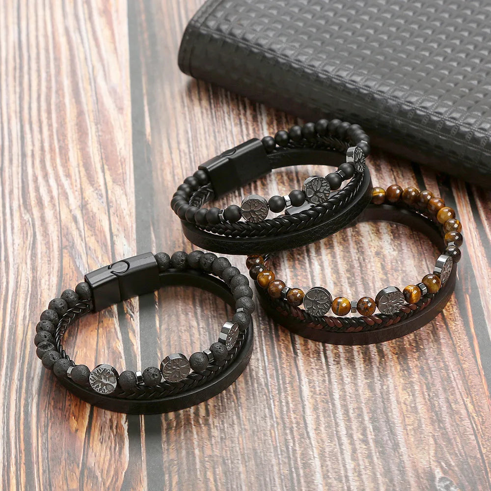 Men Leather Bracelet with Tiger Eye Beads Stylish Gift - Smarsty
