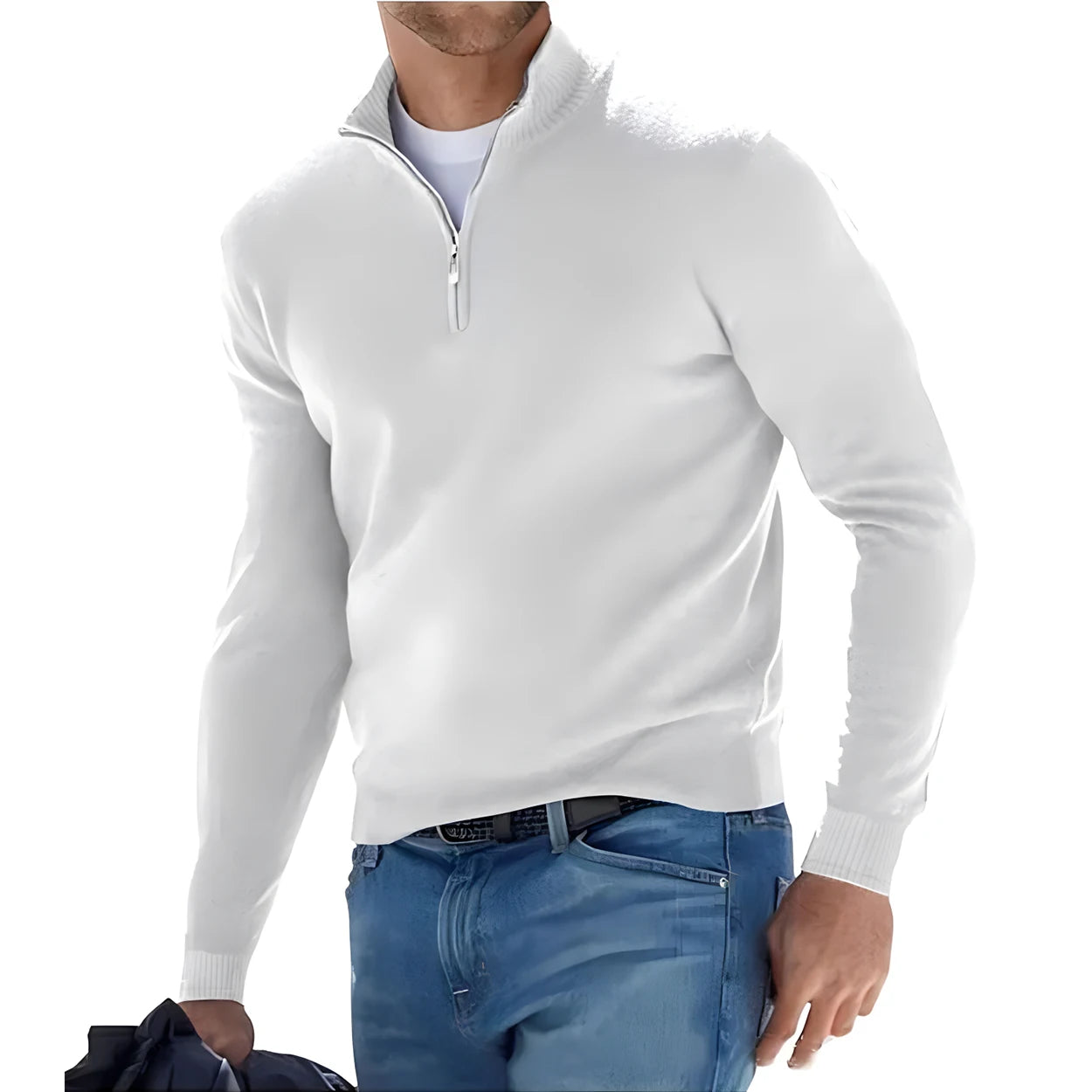 New Men's Long Sleeve Pullover Solid Color Half Zipper Sweaters V-neck Knitted Sweater Men Oversized Breathable Streetwear - Smarsty
