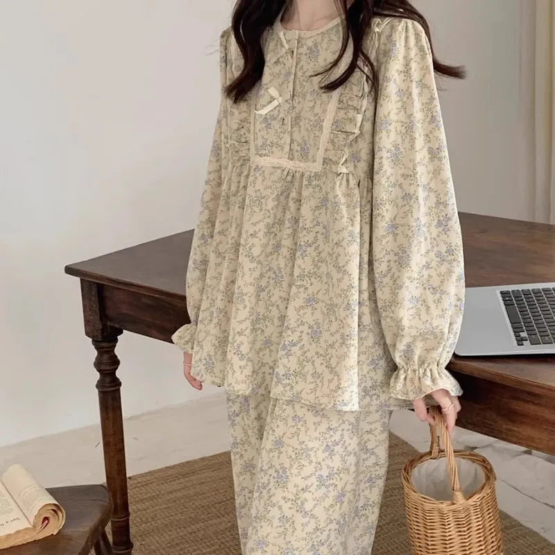Women Plus Size Pajamas Garden Style Student Homewear Two-Piece Korean Version of the Bow Can Be Worn Outside Long-Sleeved women - Smarsty